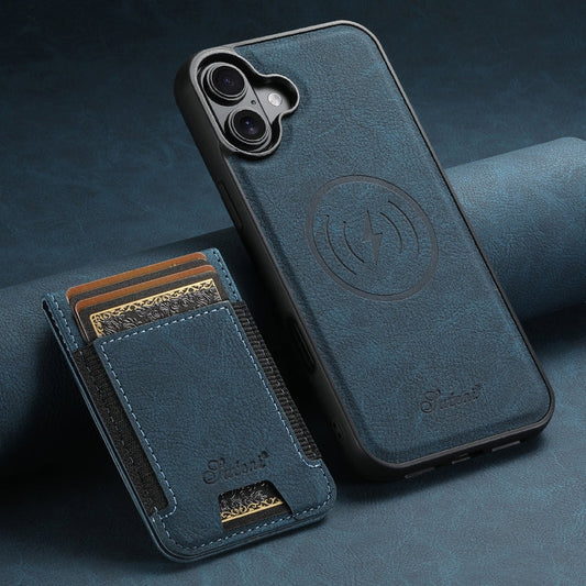 For iPhone 16 Suteni H17 Litchi Texture Leather MagSafe Detachable Wallet Phone Case(Blue)