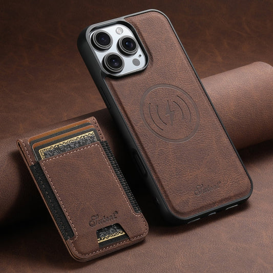 For iPhone 16 Pro Max Suteni H17 Litchi Texture Leather MagSafe Detachable Wallet Phone Case(Brown)