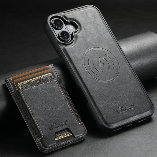 For iPhone 16 Suteni H17 Oil Eax Leather MagSafe Detachable Wallet Phone Case(Black)