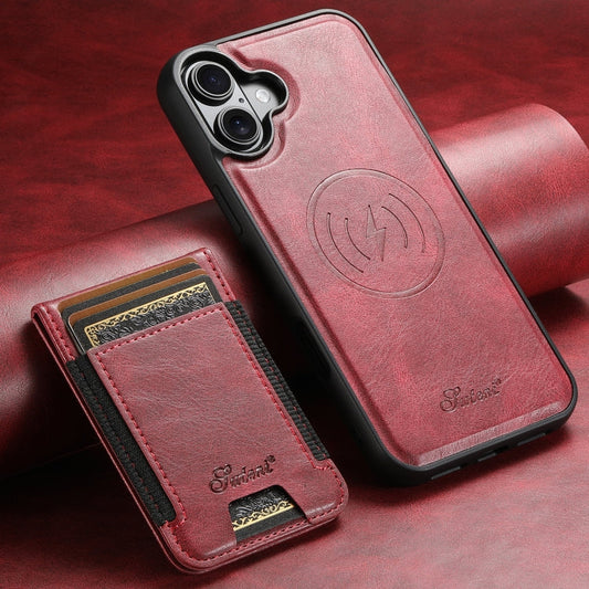 For iPhone 16 Suteni H17 Oil Eax Leather MagSafe Detachable Wallet Phone Case(Red)