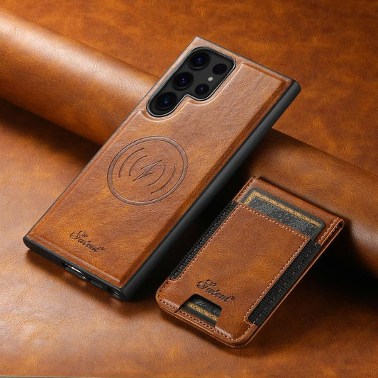 For Samsung Galaxy S25 Ultra 5G Suteni H17 Oil Eax Leather MagSafe Detachable Wallet Phone Case(Brown)