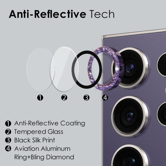 Pour Samsung Galaxy S24 Ultra 5G NORTHJO Anneau métallique scintillant pour objectif d'appareil photo Film en verre trempé (violet)