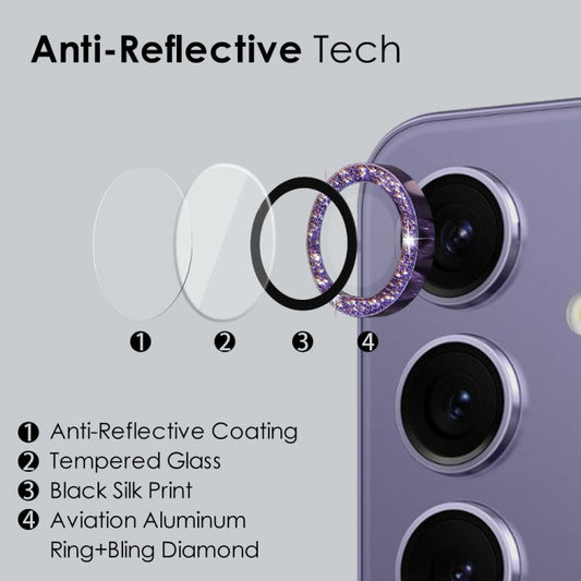 Pour Samsung Galaxy S24+ 5G NORTHJO Caméra Lentille Bling Paillettes Anneau Métallique Film de Verre Trempé (Violet)