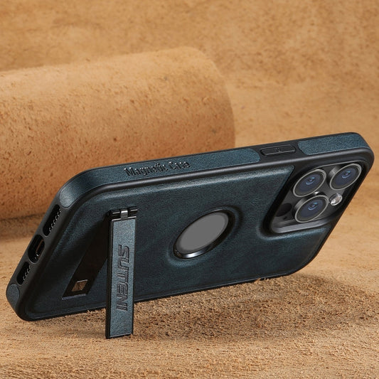 For iPhone 15 Pro Suteni G2 Magsafe Oil Wax Leather Back Phone Case with Holder(Blue)