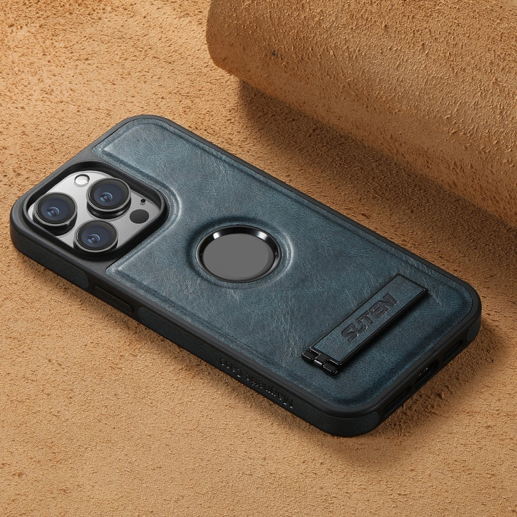 For iPhone 14 Pro Max Suteni G2 Magsafe Oil Wax Leather Back Phone Case with Holder(Blue)