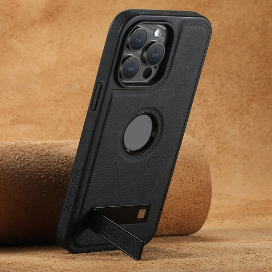 For iPhone 15 Pro Suteni G2 Magsafe Litchi Texture Leather Back Phone Case with Holder(Black)