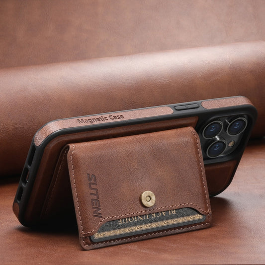 For iPhone 15 Plus Suteni M1 Oil Wax MagSafe Detachable Horizontal Card Bag Phone Case(Brown)