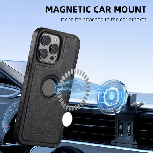 For iPhone 16 Pro Suteni M2 Oil Wax MagSafe Horizontal Card Bag Phone Case(Black)
