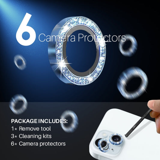 For iPhone 15 / 15 Plus / 14 / 14 Plus NORTHJO 3 Set 6pcs Camera Lens Protector Glitter Metal Ring Film(Blue)