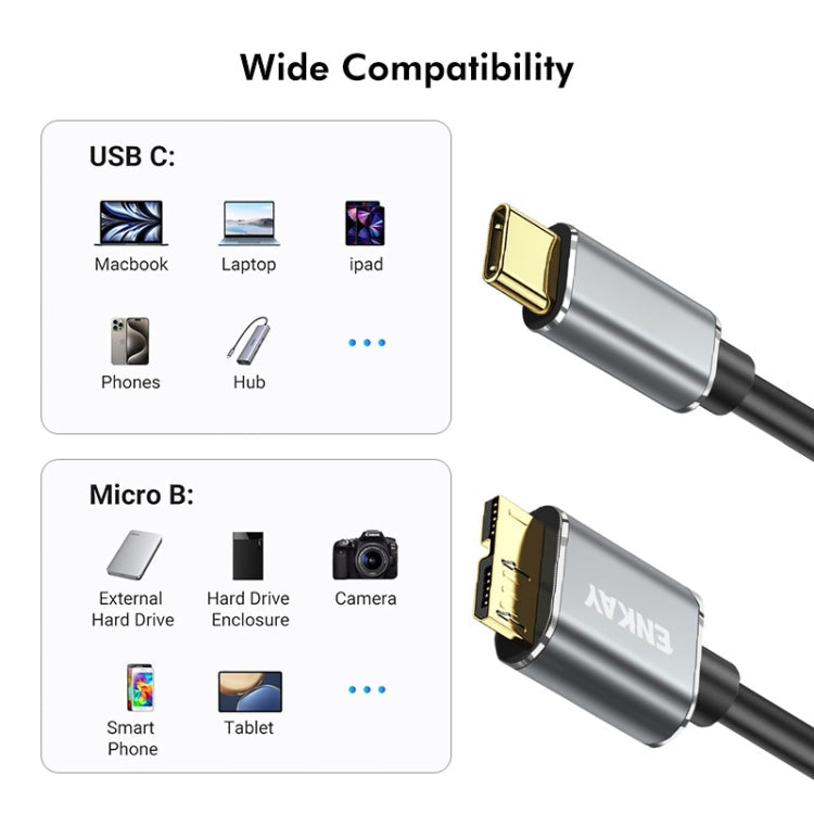 Câble disque dur caméra de données ENKAY USB 3.1 Type-C vers USB 3.0 Micro B 10 Gbit/s, longueur : 1 m