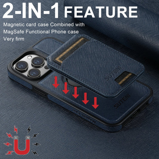 For iPhone 15 Plus Suteni M2 Cross-Grain MagSafe Vertical Card Back Phone Case(Blue)