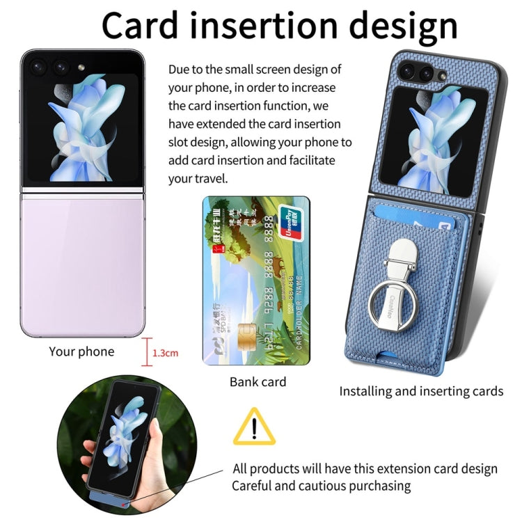For Samsung Galaxy Z Flip6 / Flip7 FE JUNSUNMAY Carbon Fiber Leather Skin PC Folding Phone Case with Phone Ring(Blue)