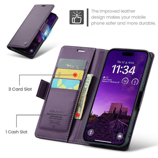 For iPhone 16 Pro Max CaseMe 023 Butterfly Buckle Litchi Texture RFID Anti-theft Leather Phone Case(Purple)