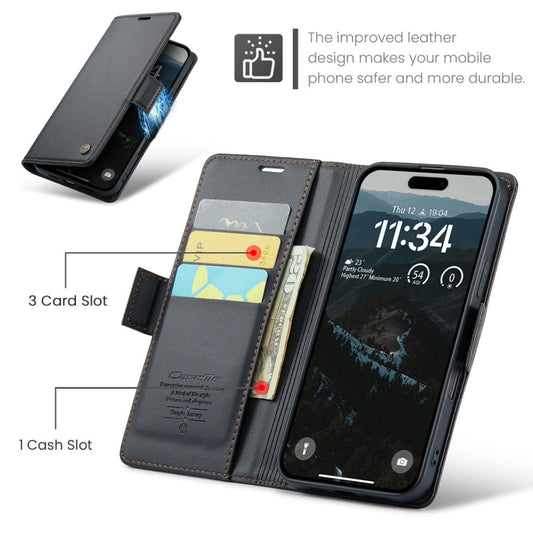 Pour iPhone 16 Étui en cuir avec texture litchi et boucle papillon CaseMe 023 RFID anti-vol (Noir)