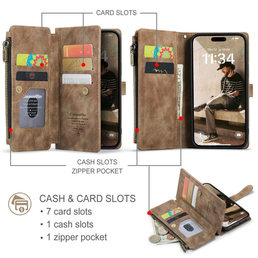 Pour iPhone 16 Étui portefeuille en cuir CaseMe C30 à emplacements pour cartes et fermeture éclair (marron)