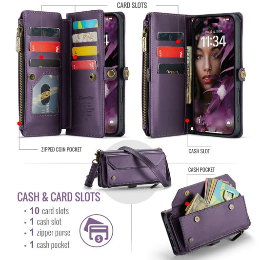 For iPhone 16 Pro Max CaseMe C36 Card Slots Zipper Wallet RFID Anti-theft Leather Phone Case(Purple)