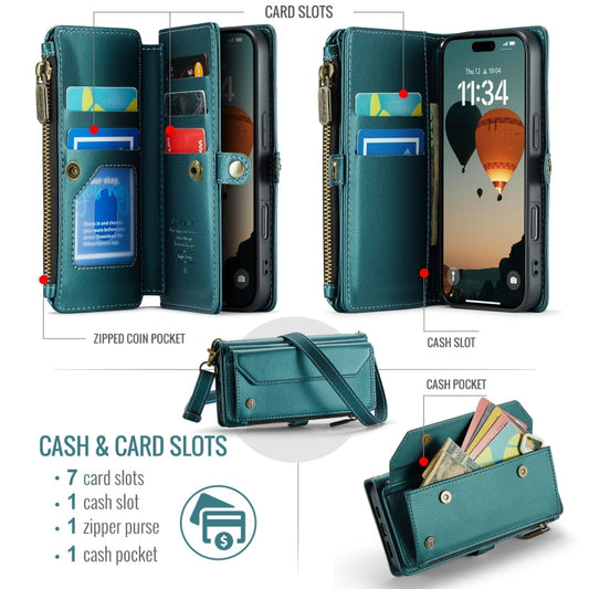 Pour iPhone 16 Étui portefeuille en cuir CaseMe C36 avec fentes pour cartes et fermeture éclair, anti-vol RFID (bleu)