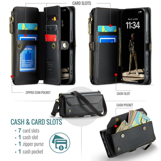 Pour iPhone 16 Étui de téléphone en cuir anti-vol RFID avec porte-cartes et fermeture éclair CaseMe C36 (Noir)