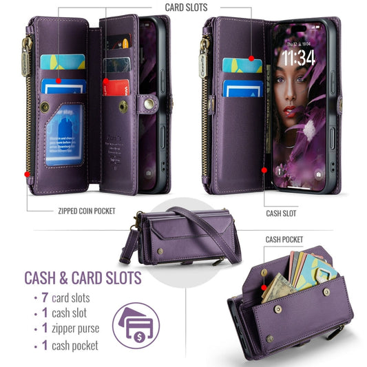 Pour iPhone 16 Étui de téléphone en cuir anti-vol RFID avec fentes pour cartes et portefeuille à fermeture éclair CaseMe C36 (Violet)