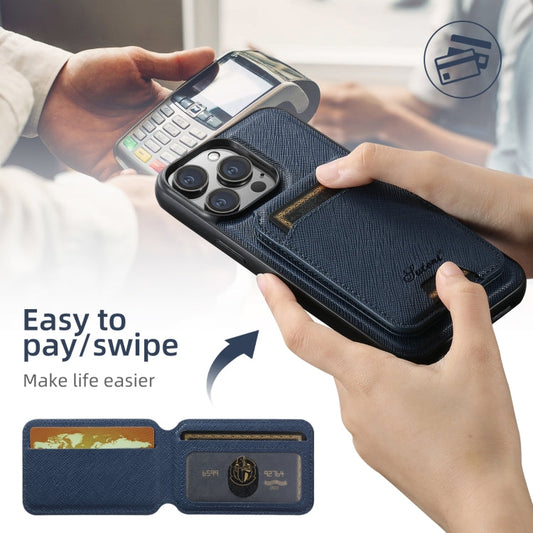 For iPhone 15 Pro Suteni H18 Cross Grain MagSafe Wallet Leather Phone Case(Blue)