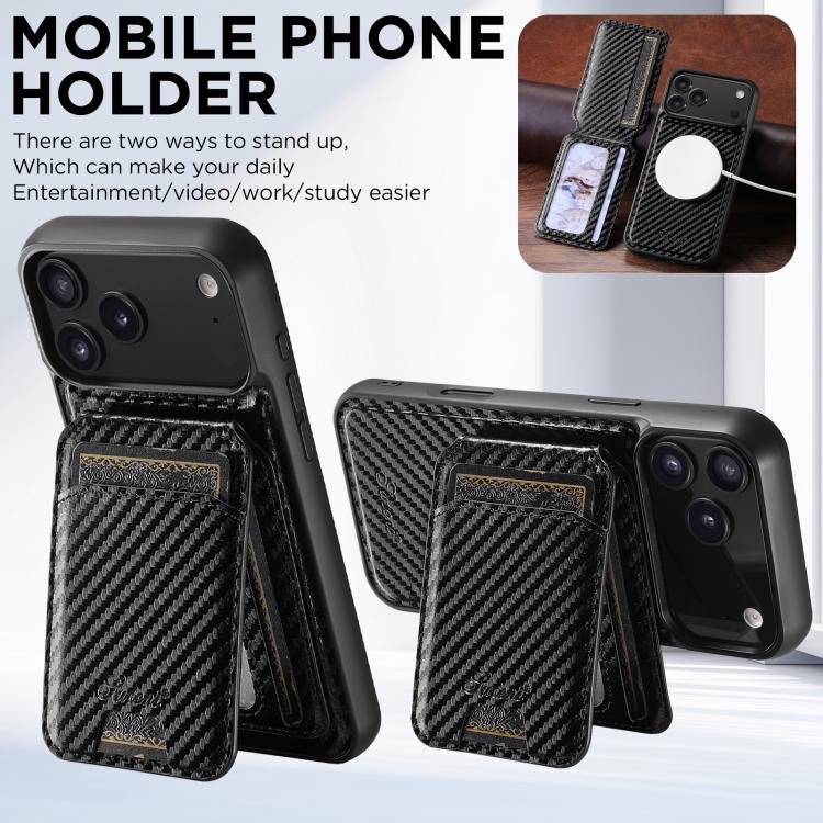 For iPhone 15 Pro Suteni TXWH18 Carbon Fiber Texture Detachable Wallet MagSafe Phone Case(Black)