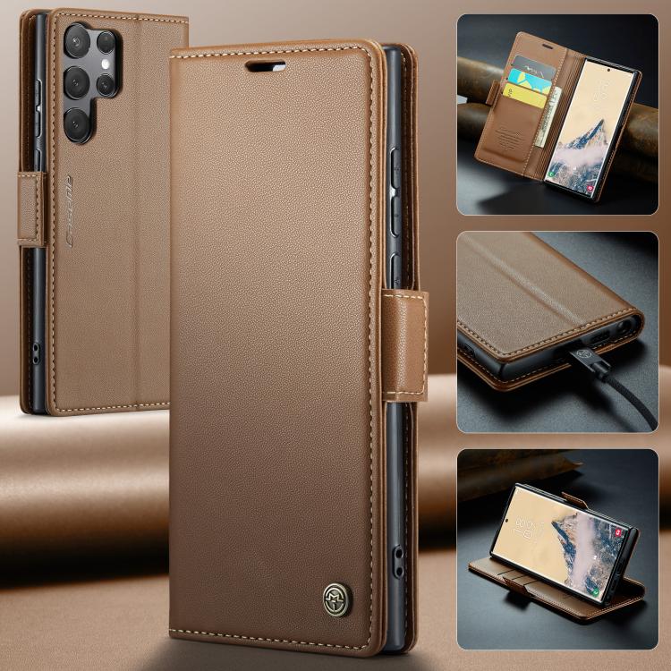For Samsung Galaxy S25 Ultra 5G CaseMe 023 Butterfly Buckle Litchi Texture RFID Anti-theft Leather Phone Case(Brown)