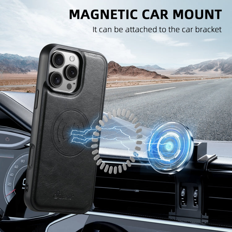 For iPhone 15 Plus Suteni H19 Oil Wax 2-in-1 MagSafe Removable Card Box Back Phone Case(Black)