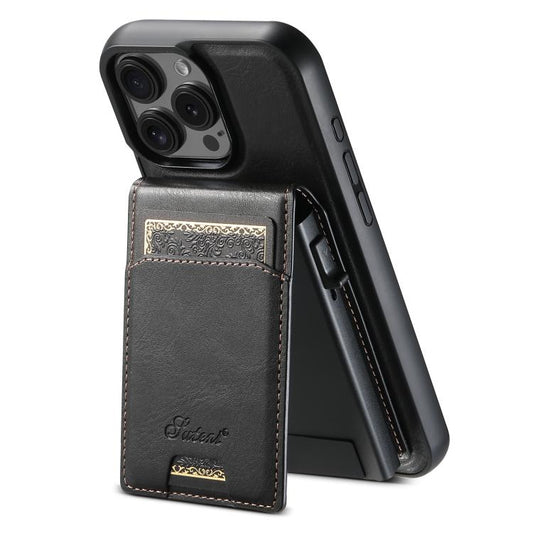 For iPhone 15 Pro Suteni H19 Oil Wax 2-in-1 MagSafe Removable Card Box Back Phone Case(Black)