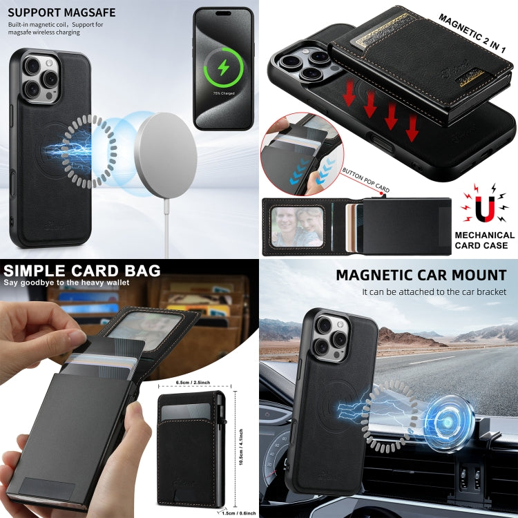 For iPhone 13 Suteni H19 Litchi Grain 2-in-1 MagSafe Removable Card Box Back Phone Case(Black)