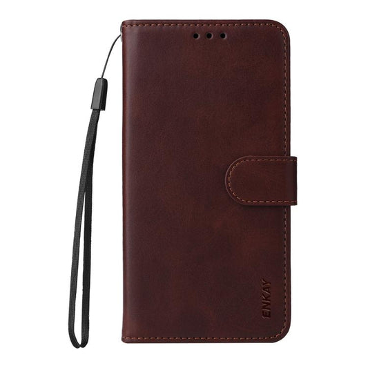 For Motorola Moto G35 ENKAY Card Wallet Calf Texture Leather Phone Case with Screen Film(Brown)