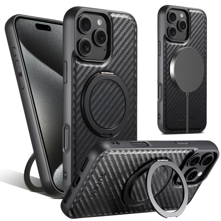 For iPhone 14 Pro Max Suteni G3 Carbon Fiber Leather 360 Rotation Holder MagSafe Phone Case(Black)