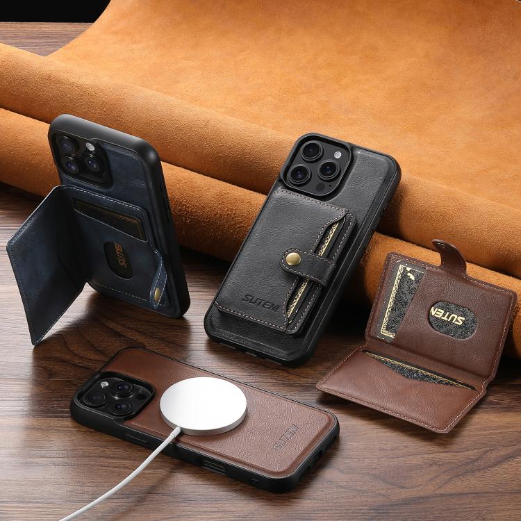 For iPhone 13 Pro Suteni M4 Magnetic Card Bag MagSafe Leather Phone Case(Brown)