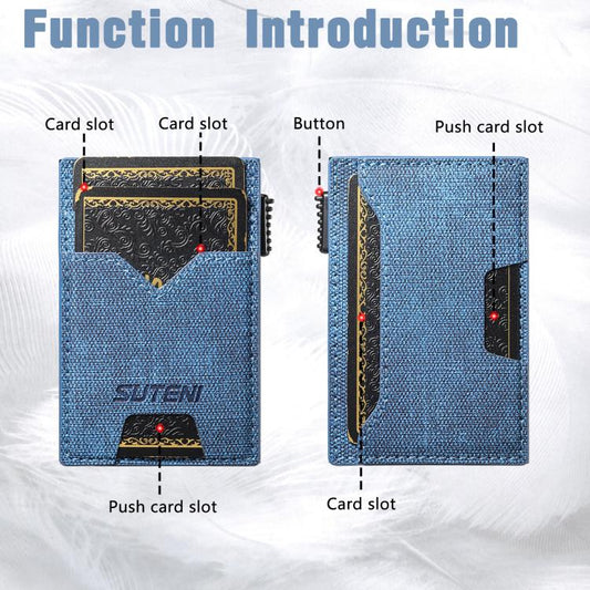 The Suteni denim double-sided card slot button automatically ejects the card box(Blue)