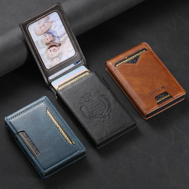 The Suteni oil wax pattern button automatically pops out the veneered printed card box(Black)