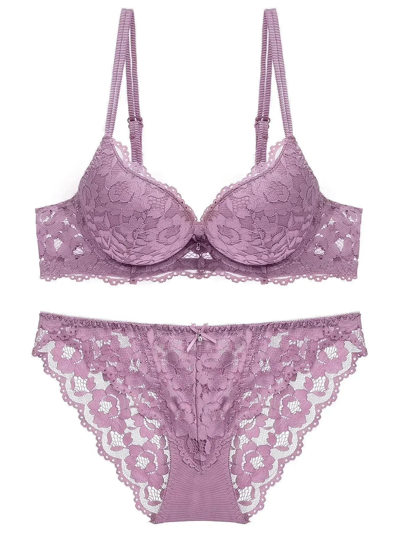 1 Set Elegant Erotic Lace Embroidery Breathable Fabric Lingeries : Push-Up Bra, Low Waist Sheer Panty - Ultimate Valentine's Day