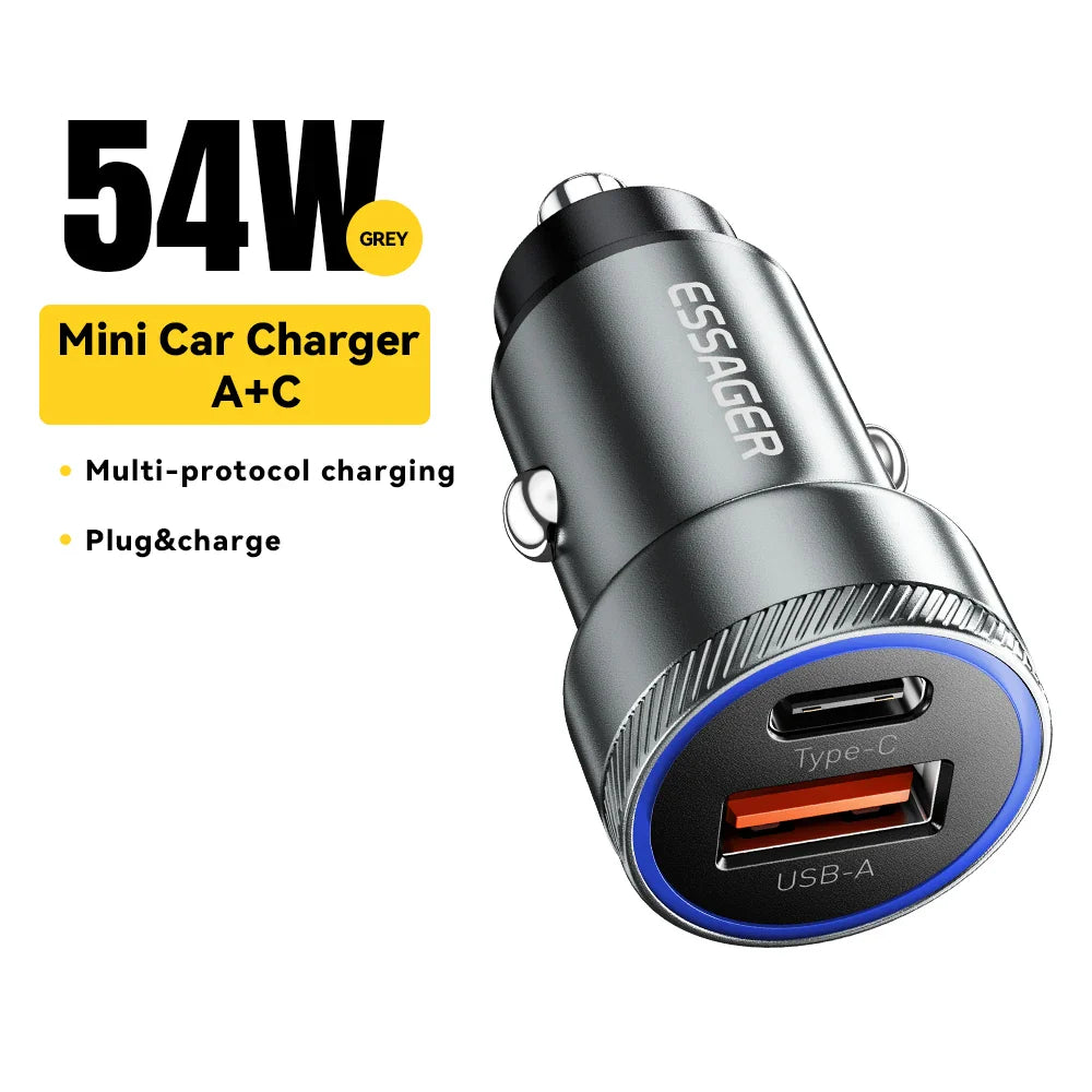 Essager 54W Car Charger 5A Fast Charging Type C Quick Charge 3.0 QC PD 3.0 SCP USB Car Charger For Xiaomi Samsung Iphone Charger