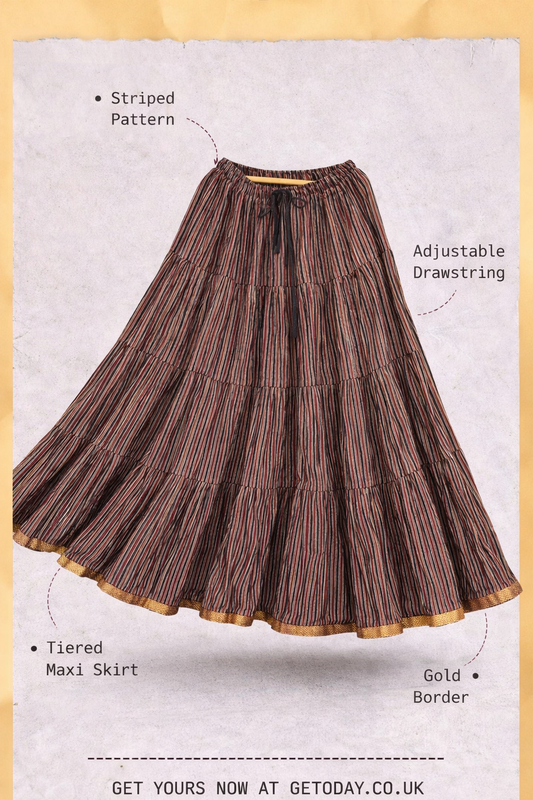 Blackfever Elegant Multicolour Striped Tiered Maxi Skirt – Free Size