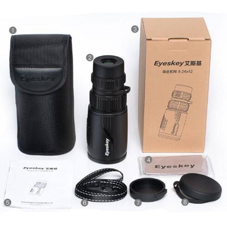 Télescope monoculaire étanche Eyeskey 8-24X42 à zoom, télescope HD à tube unique pour téléphone portable