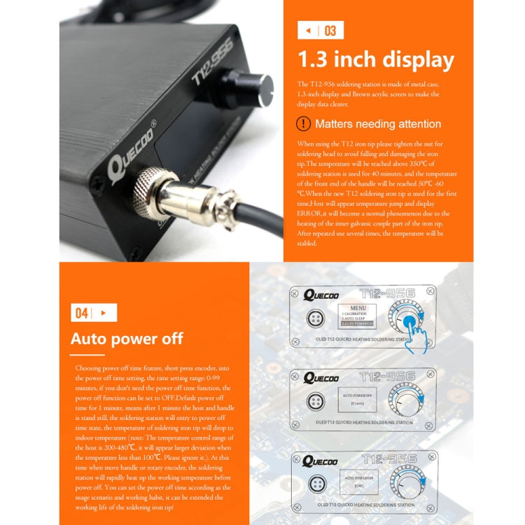 QUECOO T12-956 1.3-Inch Screen Electric Soldering Iron Soldering Station With P9 Handle, US Plug (Black Handle)