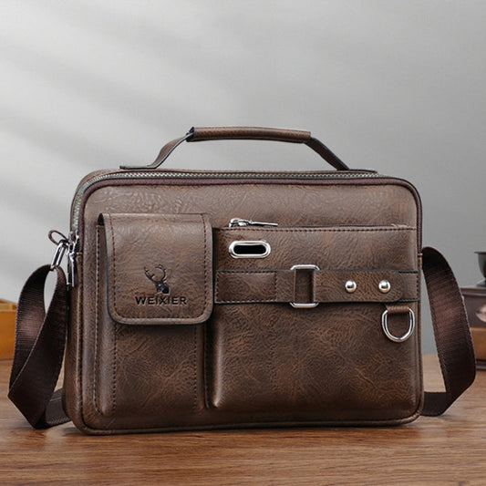 WEIXIER D235 Men Shoulder Bag Portable PU Leather Handbag(Plain Texture Dark Brown)