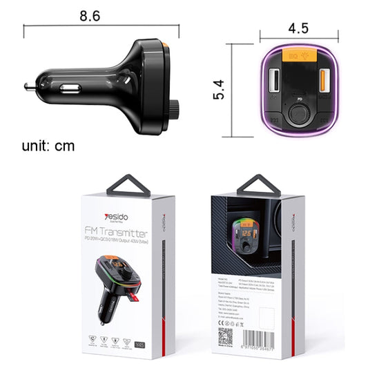 Chargeur de voiture PD Yesido Y45 pour allume-cigare QC Chargeur de voiture USB Bluetooth Écran numérique FM (noir)