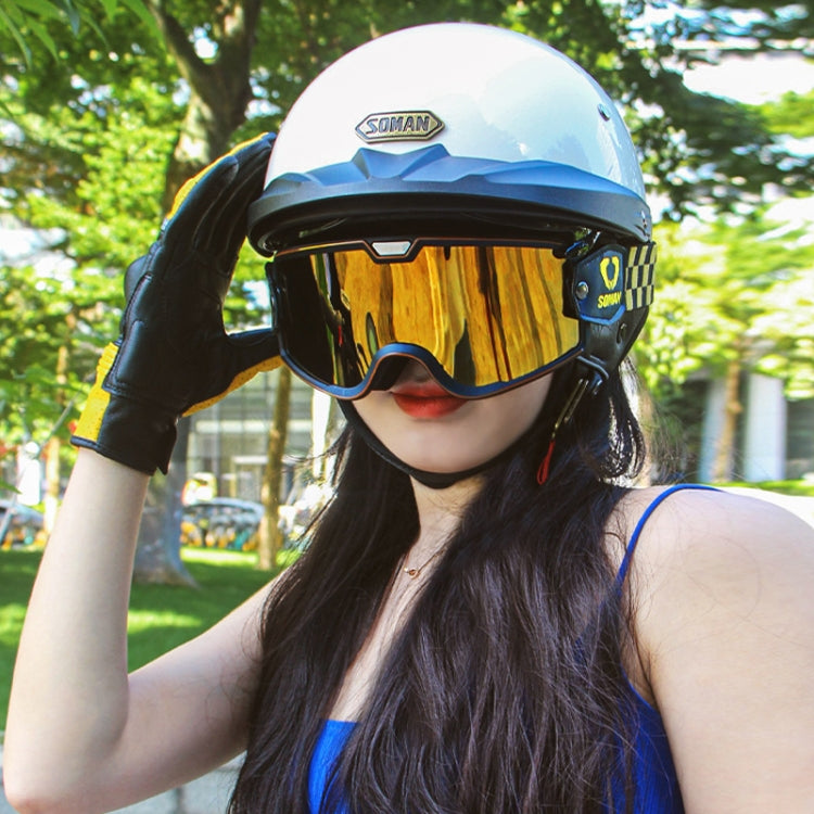 SOMAN Motorcycle Half Helmet Adjustable Helmet With Inner Mirror, Size: M(White with Transparent Mirror)