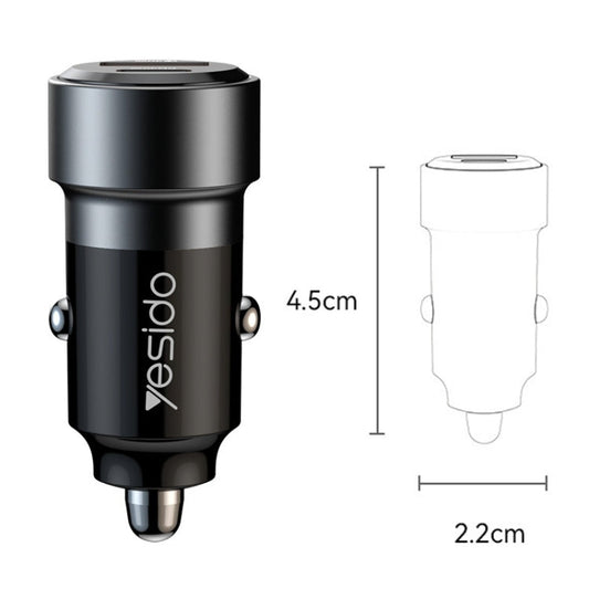 Chargeur de voiture Yesido Y54 avec câble 8 broches vers Type-C/USB-C QC3.0+PD30W double port Type-C/USB-C+USB Quick Charge (noir)