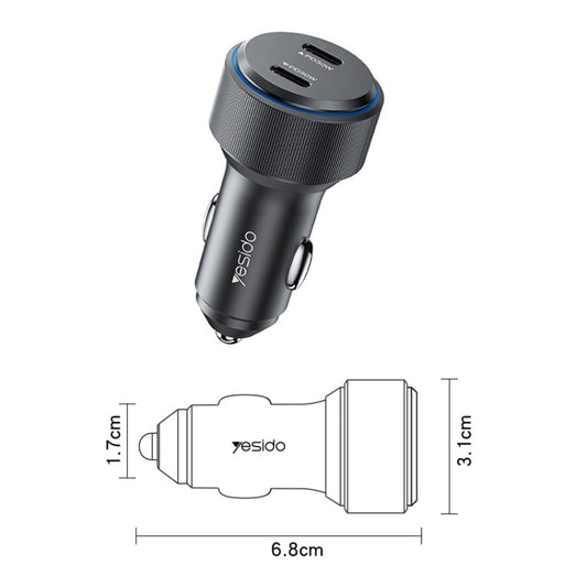 Yesido Y48 60W Car Fast Charger Aluminum Aluminum Double Type-C/USB-C Port Car Charger(Black)