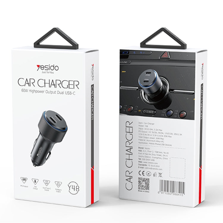 Yesido Y48 60W Car Fast Charger Aluminum Aluminum Double Type-C/USB-C Port Car Charger(Black)