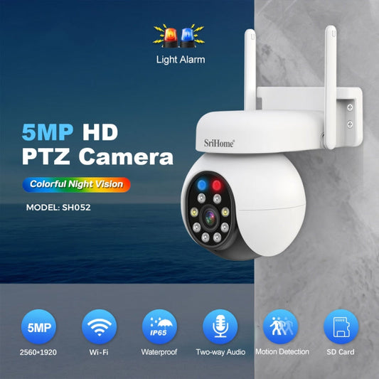 SriHome SH052 Wifi 5MP Wireless PTZ IP AI Auto Tracking Sound&Light Alarm Starlight Color Night Vision Outdoors Surveillance Camera, Plug: EU
