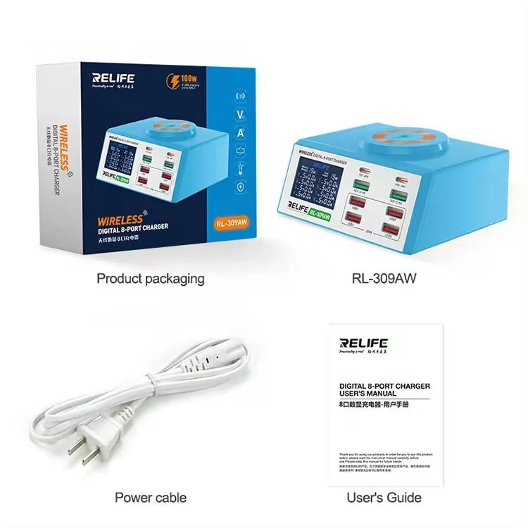 RELIFE RL-309AW QC3.0 PD Fast Wireless Charger With LCD Display 8 Ports(EU Plug)