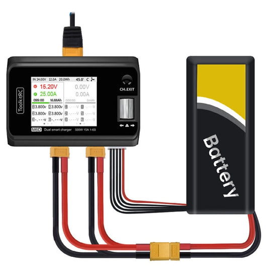 Chargeur d'équilibrage de batterie Li-Po double canal ToolkitRC M6D 500W pour avion télécommandé (noir)