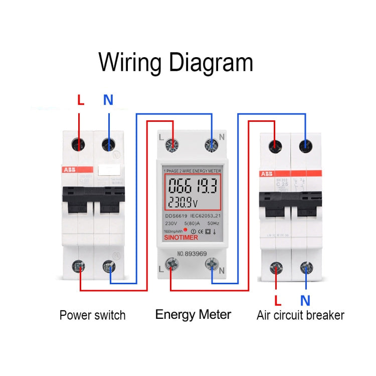 SINOTIMER DDS6619 80A 230V Din Rail Single Phase Energy Meter Voltage Current Power Meter Without Backlight