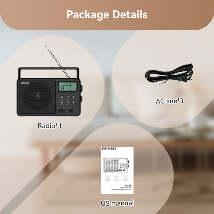 Retekess TR638 Radio FM Bluetooth pleine bande avec affichage numérique LCD et support d'antenne externe (prise UE)